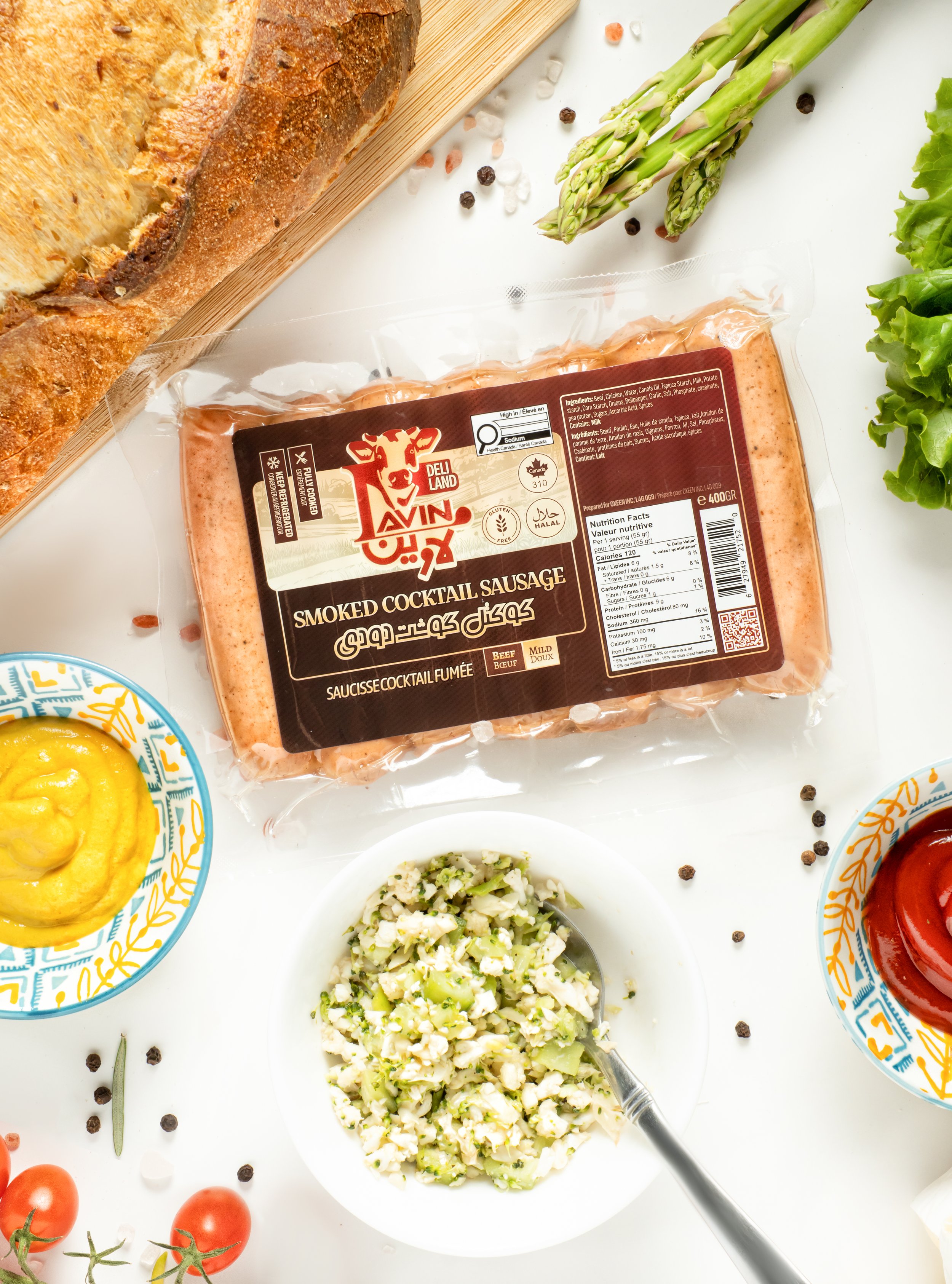 Commercial food product photography featuring packaged food styled with fresh ingredients on a bright tabletop.