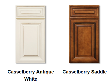 Comparison of two cabinet doors, one labeled 'Casselberry Antique White' and the other 'Casselberry Saddle,' showcasing different wood finishes.
