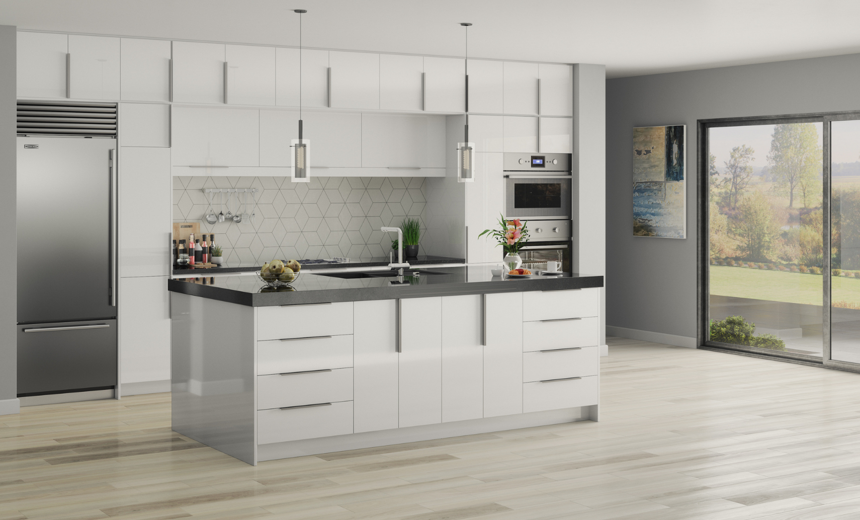 Modern kitchen with white cabinets, black island countertop, stainless steel appliances, and large sliding glass door leading to an outdoor view of trees and grass.