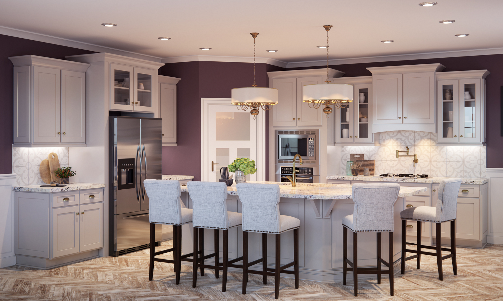 A modern kitchen with white cabinets, stainless steel appliances, and a large island with seating. The kitchen has purple walls, crown molding, and recessed lighting.