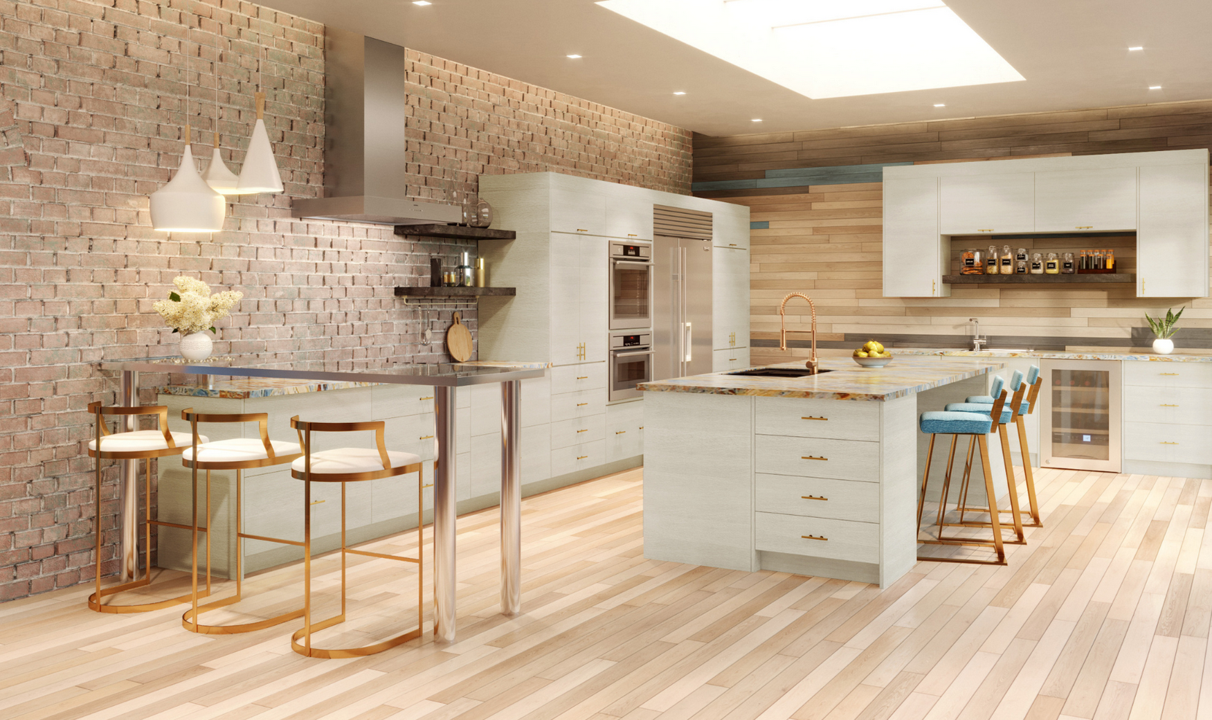 Modern kitchen with exposed brick wall, light wood cabinets, and a kitchen island with blue bar stools. There are hanging pendant lights, an oven, a refrigerator, and open shelves with kitchen items. Light wood flooring and a large skylight are visib