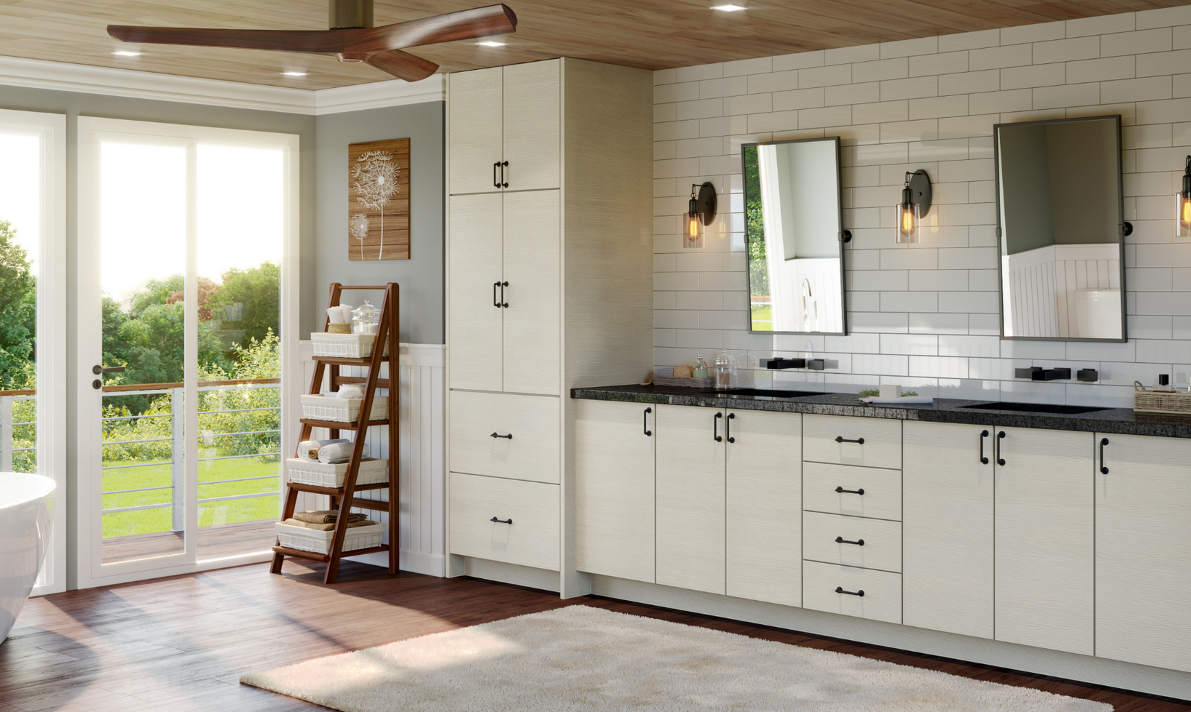 Bright bathroom with white cabinets, black countertop, and three mirrors. Two wall-mounted light fixtures and a sliding door leading to a balcony with greenery outside.