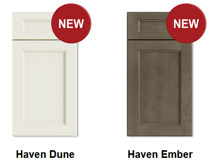 Two cabinet doors, one white labeled 'Haven Dune' and one gray labeled 'Haven Ember,' each with a red 'NEW' badge.