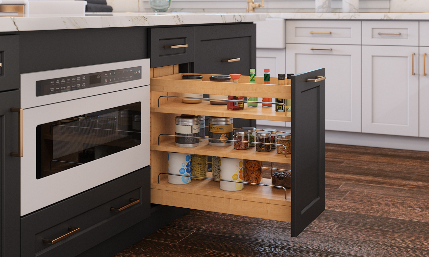 Kitchen with black and white cabinets, a marble countertop, and a pull-out spice rack filled with spices, jars, and containers.
