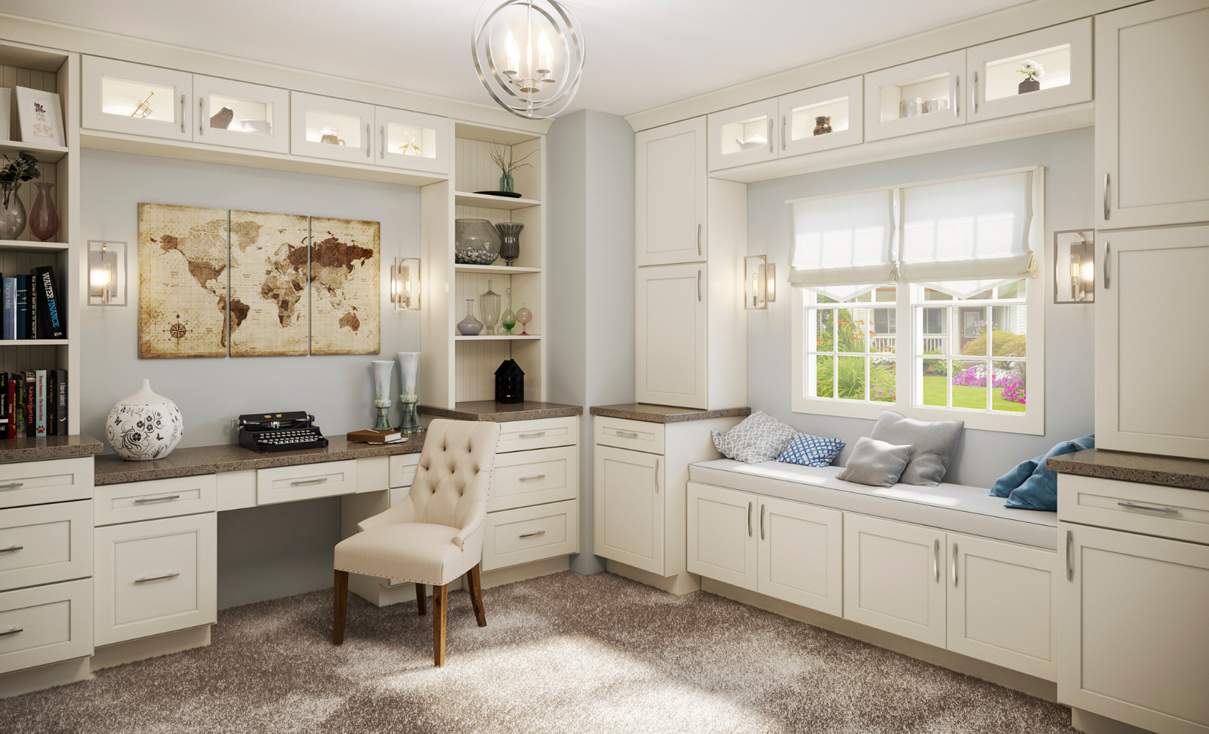 An organized home office with white cabinetry, a built-in window seat with pillows, a desk with a typewriter, and a world map on the wall, illuminated by wall sconces and a ceiling light.