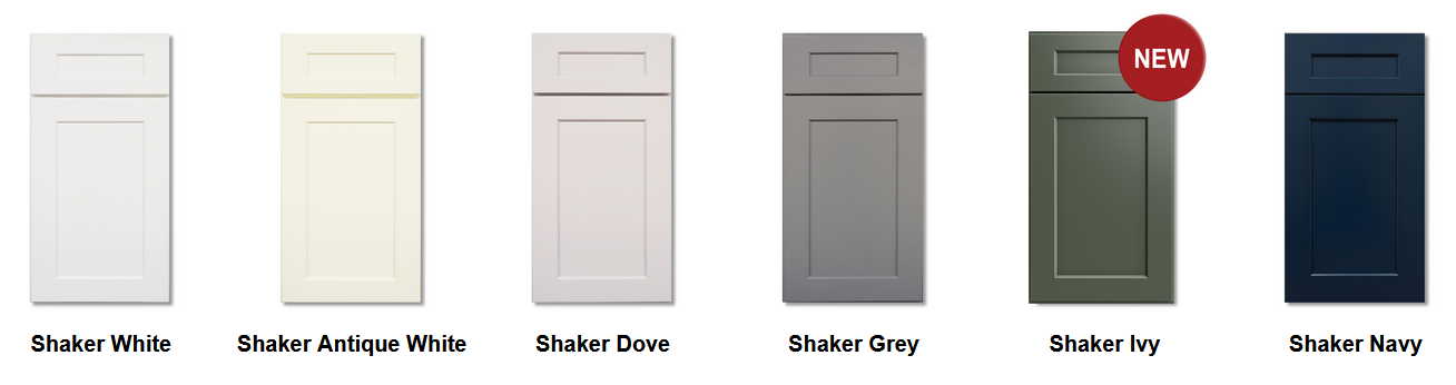Six shaker style cabinet doors in different colors: white, antique white, dove, grey, ivy, and navy. The ivy door has a red "NEW" label.