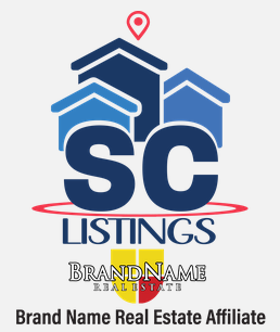Logo for SC Listings, a real estate affiliate, featuring stylized house icons above the letters 'SC' with the words 'Listings' and 'Brand Name Real Estate' below.