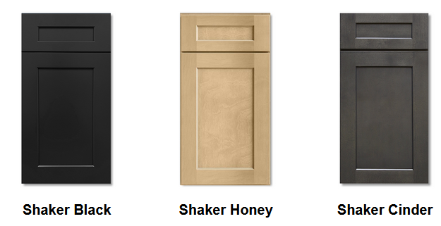Three kitchen shaker cabinet doors in black, honey, and cinder colors.