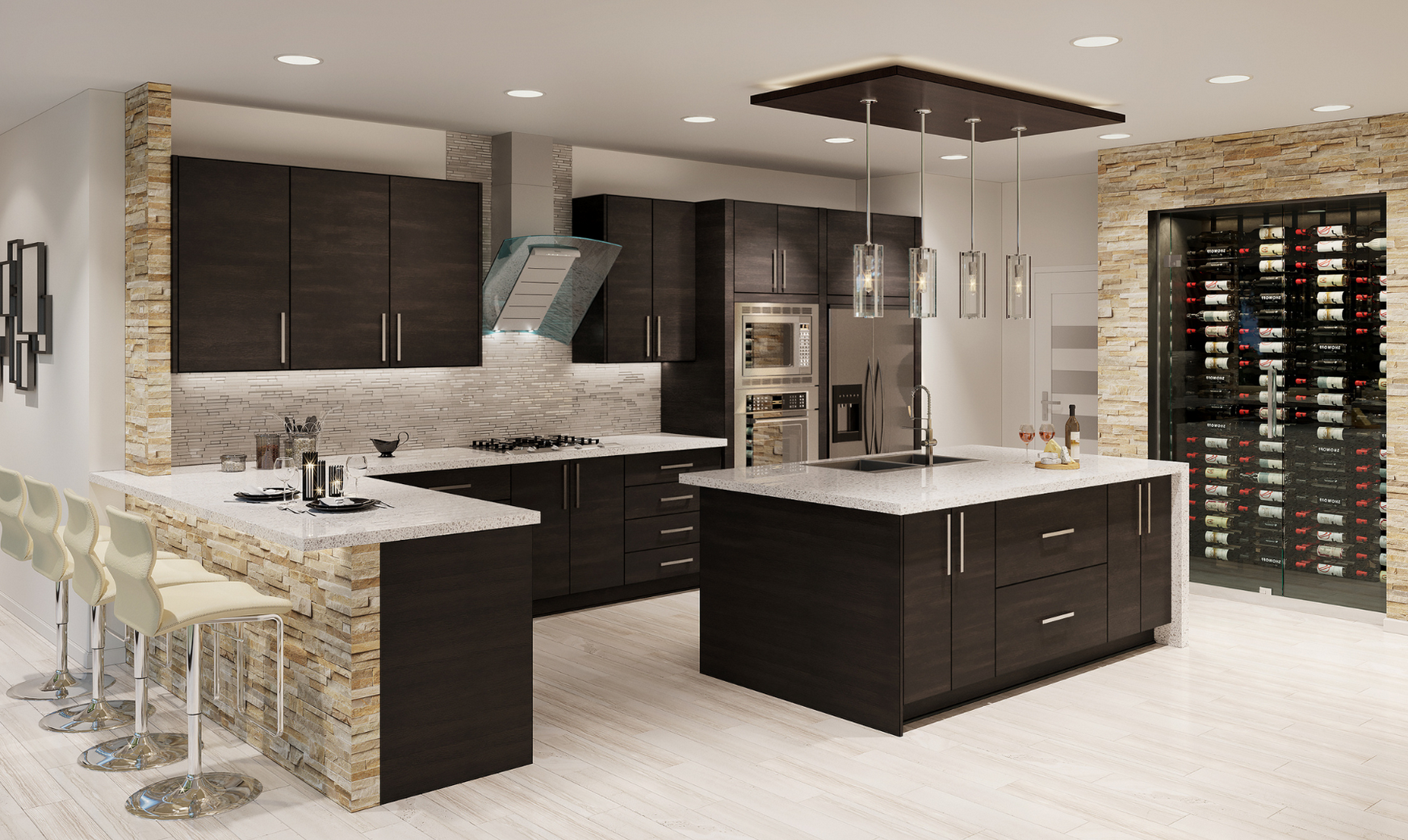 Modern kitchen with dark wood cabinets, white countertop, stone accents, built-in microwave and oven, wine cooler, and island with sink. Bar stools line the counter and table setting included. Recessed lighting and pendant lights above the island.