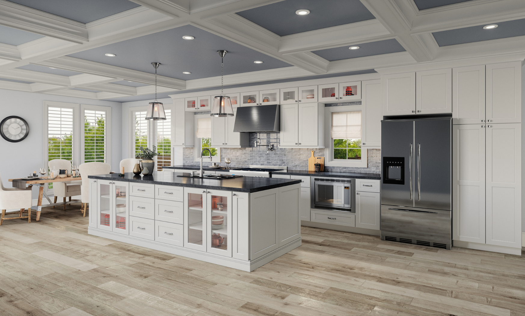 Bright, modern kitchen with white cabinets, black countertops, stainless steel appliances, a kitchen island, and an adjacent dining area with a wooden table and white chairs, large windows with shutters, and recessed ceiling lights.
