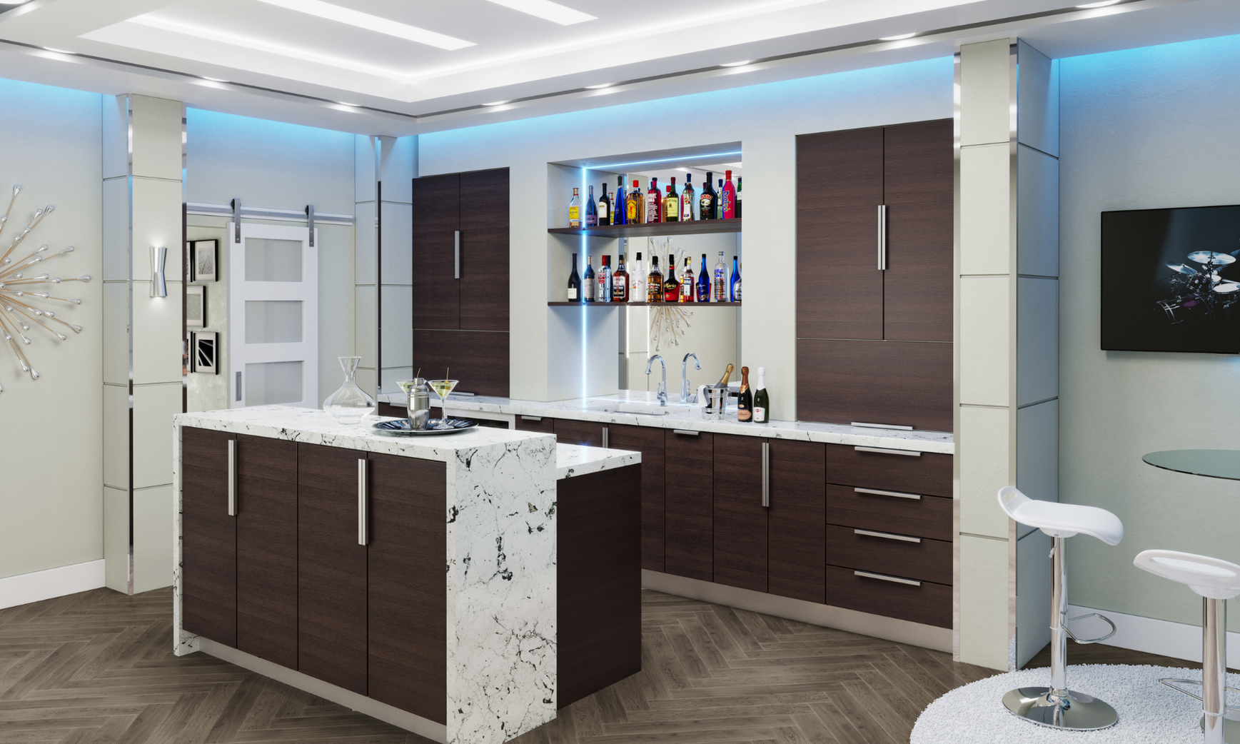 Modern kitchen with white ceiling strip lighting, dark wood cabinets, and a white marble island with black veining. Wall shelves with various liquor bottles and barware, stainless steel faucet, and bar stools with white seats.