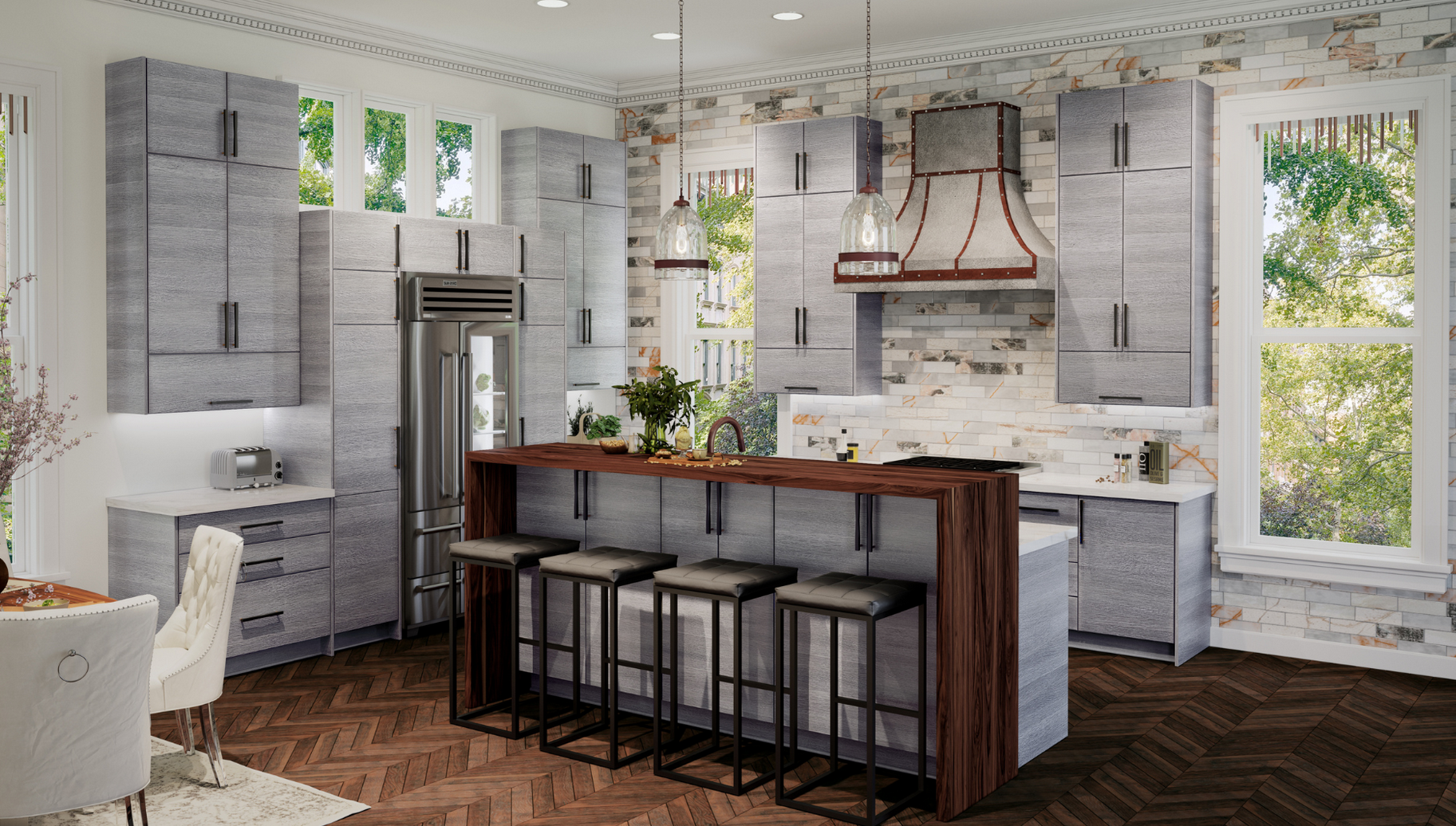 Kitchen with gray cabinets, a wooden island with seating, a stainless steel refrigerator, and a decorative brick and stone backsplash.