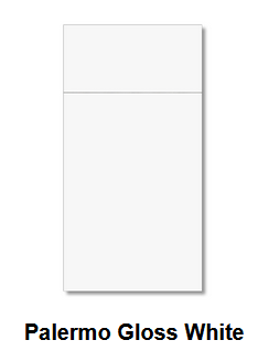 A white cabinet door sample labeled 'Palermo Gloss White' at the bottom