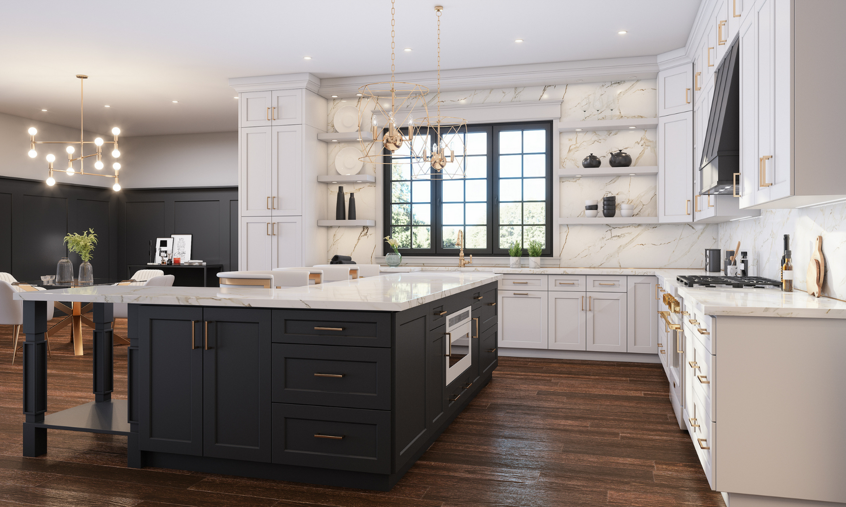 Modern kitchen with white cabinets, a black island with a built-in oven, marble countertops, and gold hardware. Large window above the sink, open shelves with dishes and decor, and pendant lighting.