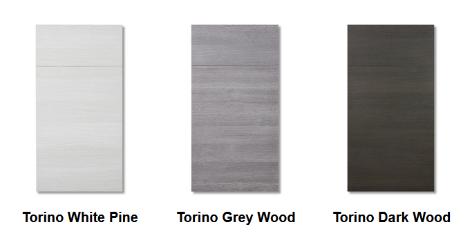 Three cabinet door samples labeled Torino White Pine, Torino Grey Wood, and Torino Dark Wood.