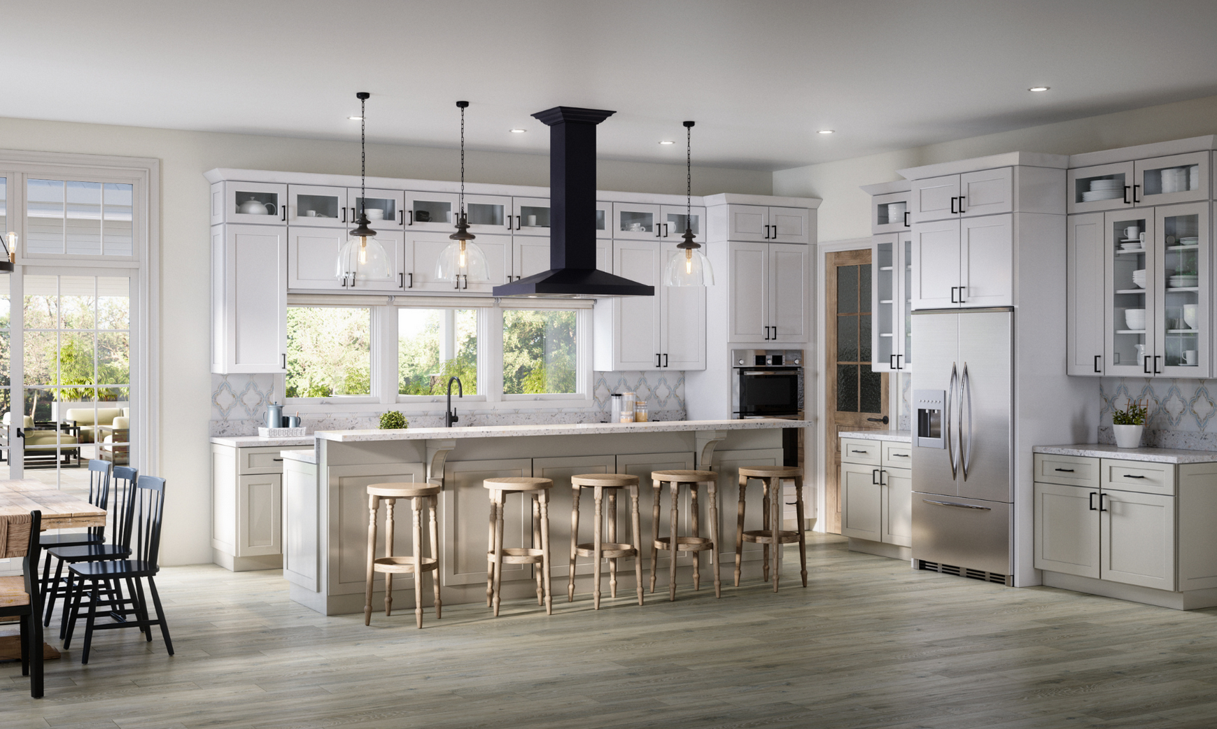 Bright modern kitchen with white cabinets, a large island with barstools, stainless steel appliances, and pendant lighting.