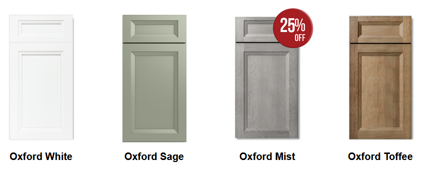 Four kitchen cabinet doors in different colors: Oxford White, Oxford Sage, Oxford Mist with a discount label, and Oxford Toffee.