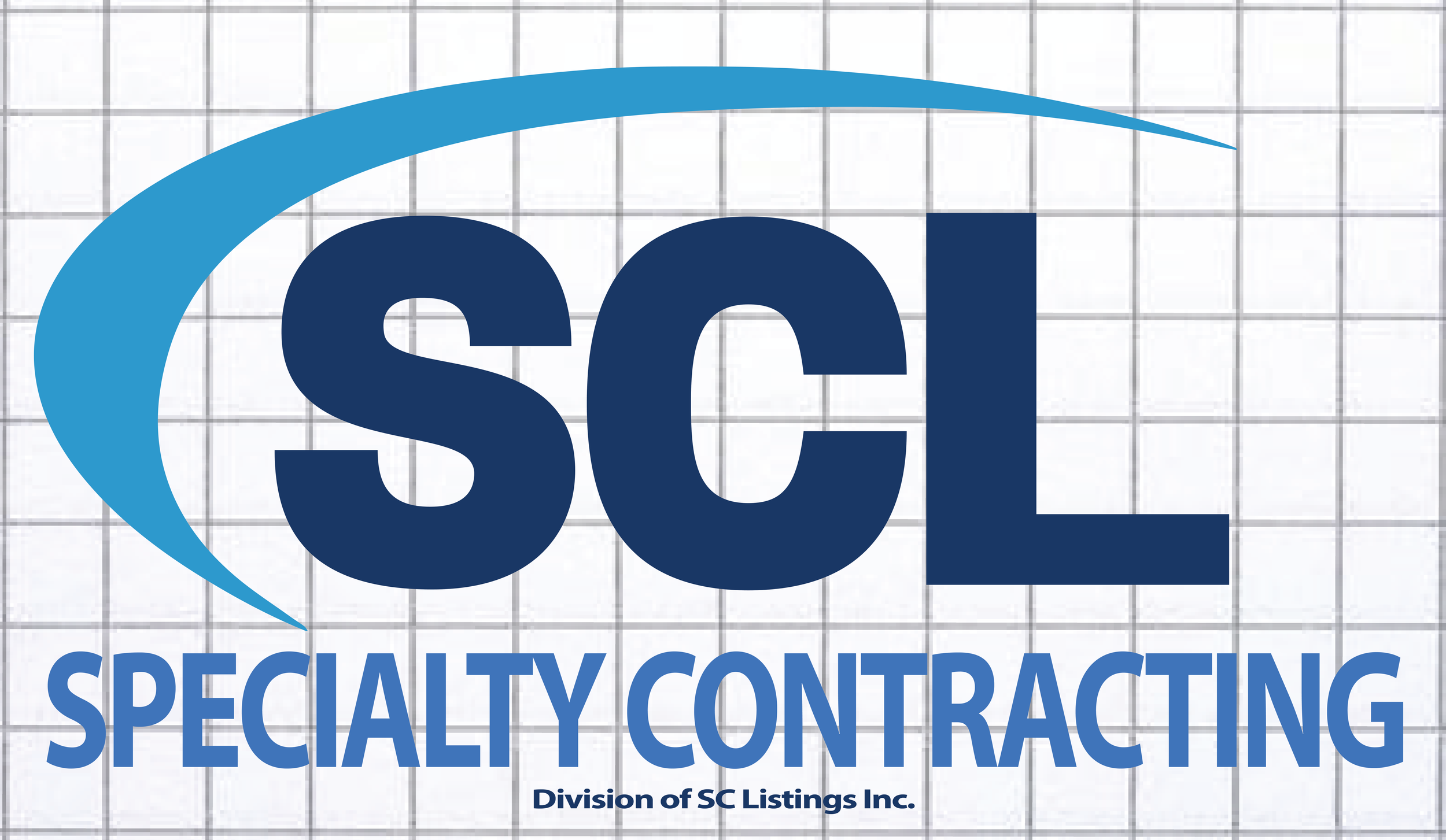 A logo for SC Specialty Contracting with the initials 'sc' in dark blue, surrounded by a light blue curved shape, with the company name and division details in blue text underneath on a light grid background.