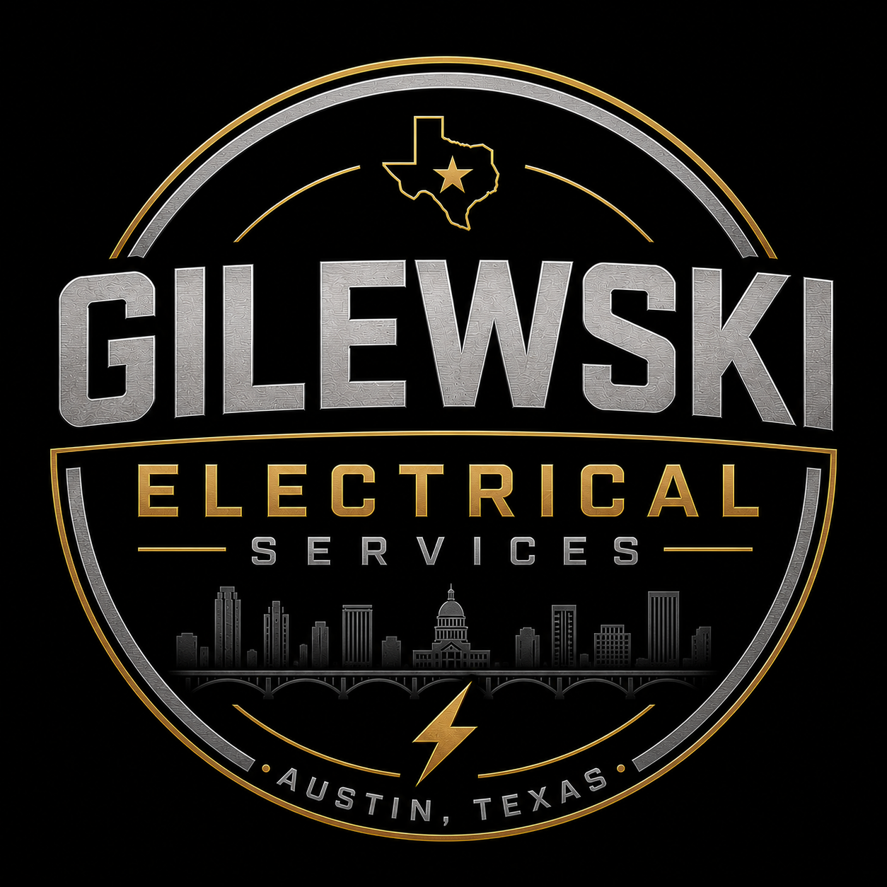 Logo for Gilewski Electrical Services, featuring a black background with a city skyline, an outline of Texas with a star, and text in silver, gold, and white.