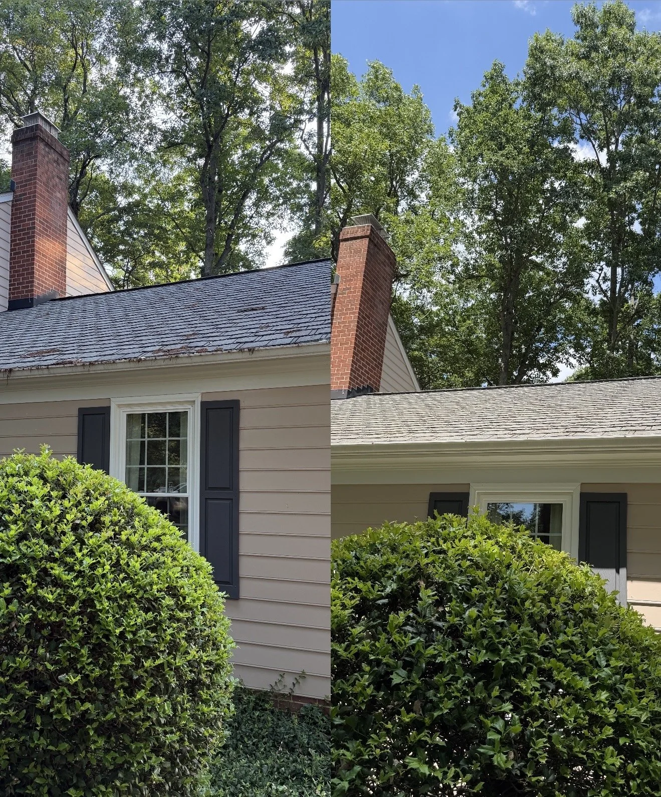 Before and after roof soft washing on a brick chimney home in Bon Air, VA, removing black algae streaks from asphalt shingles