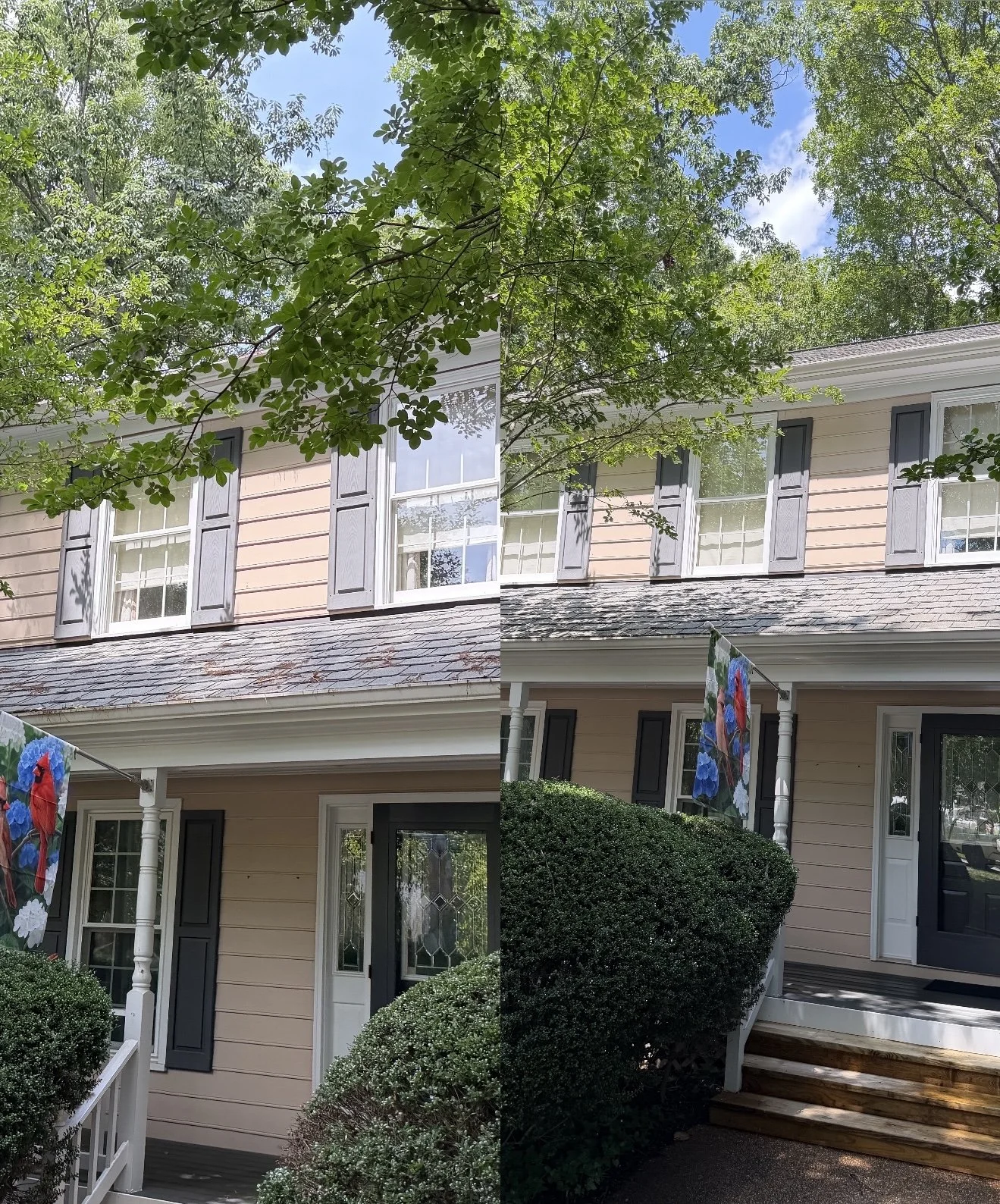 Before and after house soft washing in Midlothian VA — tan vinyl siding and roof cleaned of dirt, algae, and mildew by CJ Property Services