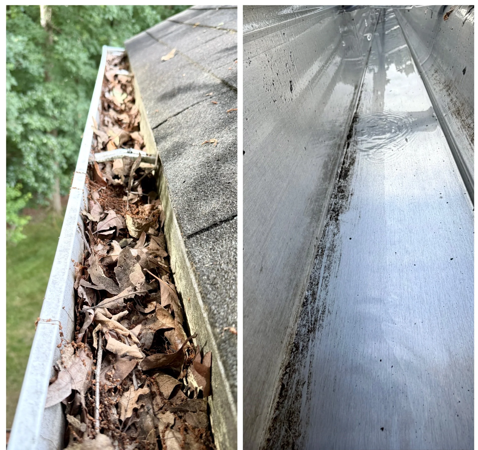 Before and after gutter cleaning in Midlothian, VA, showing leaf debris removed and clear water flow restored