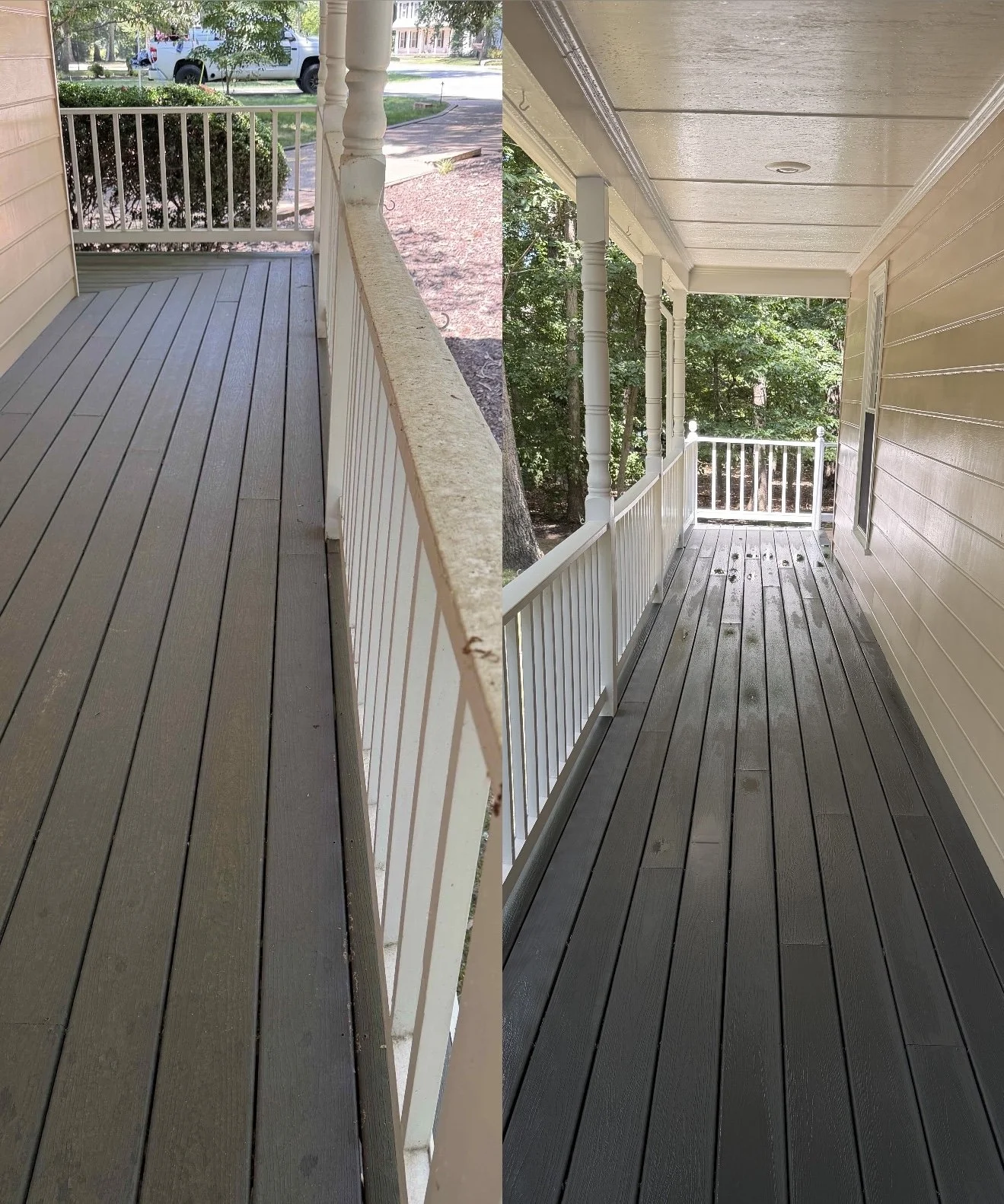 Before and after pressure washing a covered composite deck and porch in Midlothian, VA