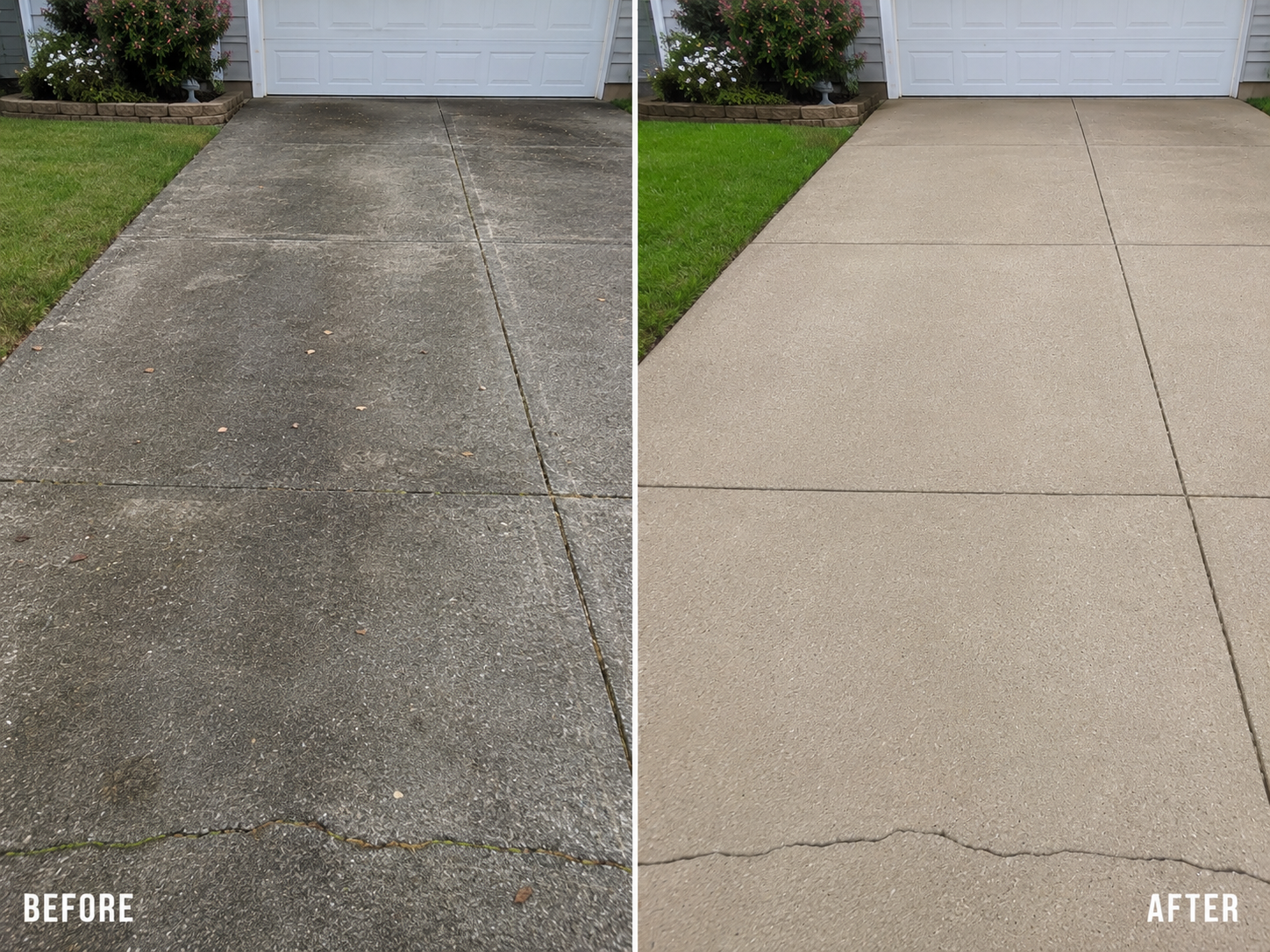 Close-up of a pressure washer wand cleaning a dirty concrete driveway, showing the clean line between washed and unwashed surface