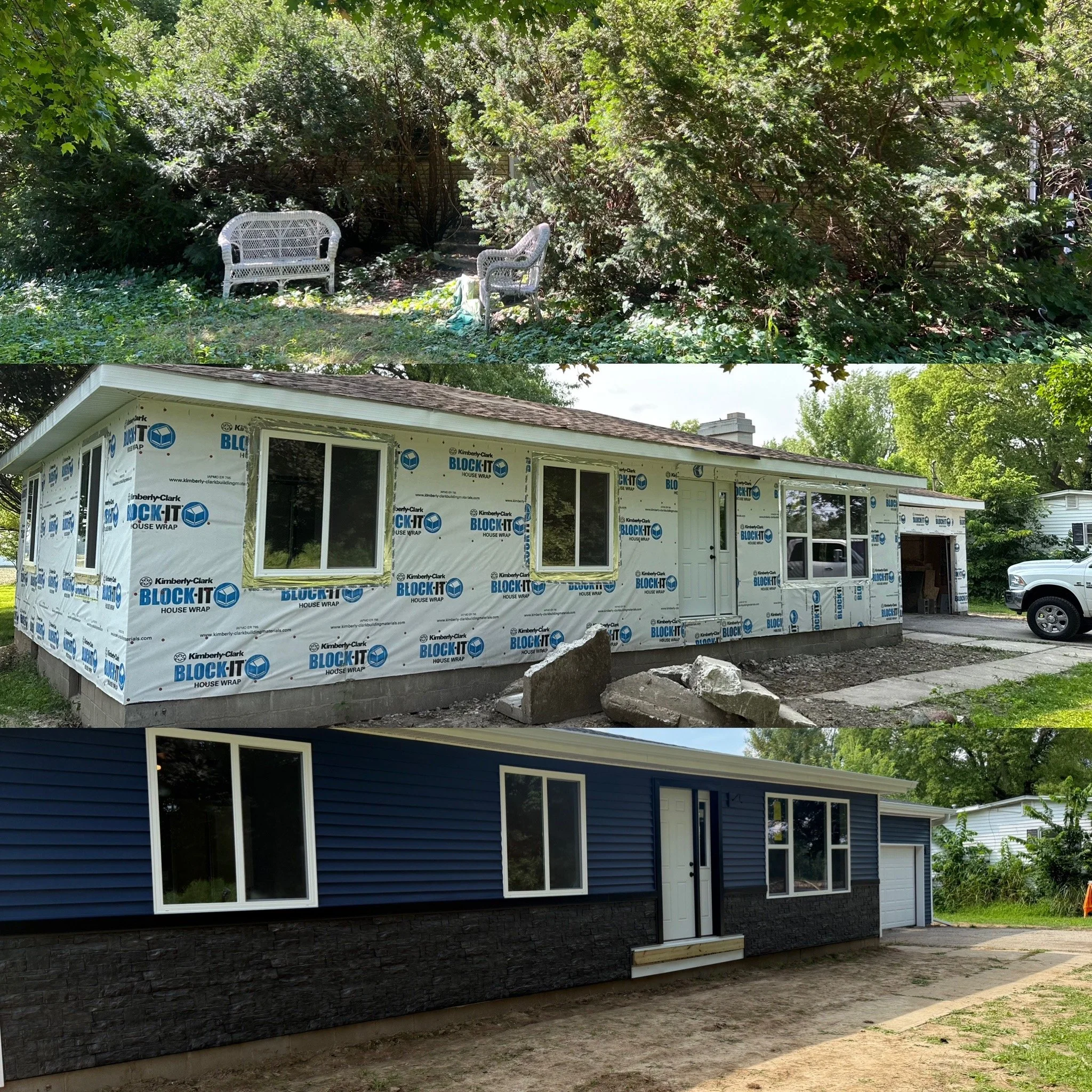 The top image shows a backyard with overgrown bushes and two white metal outdoor chairs on the grass. The bottom image shows the same house under construction, wrapped in 