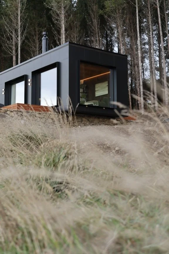 A black cabin sitting in long grass.