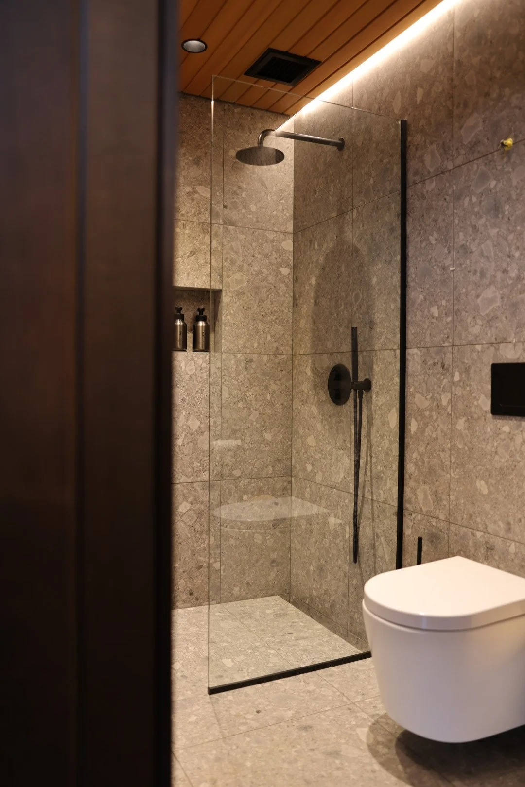 Modern bathroom with a walk-in shower enclosed by a glass panel, featuring a rainfall showerhead, a handheld shower attachment, and built-in shelves with toiletries. 