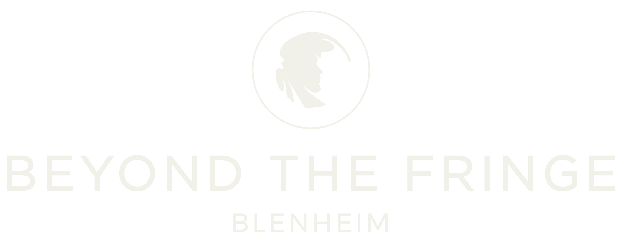 Beyond The Fringe logo with a profile silhouette of a woman wearing earrings, all in black and white, and the text 'BEYOND THE FRINGE' and 'BLENHEIM'.