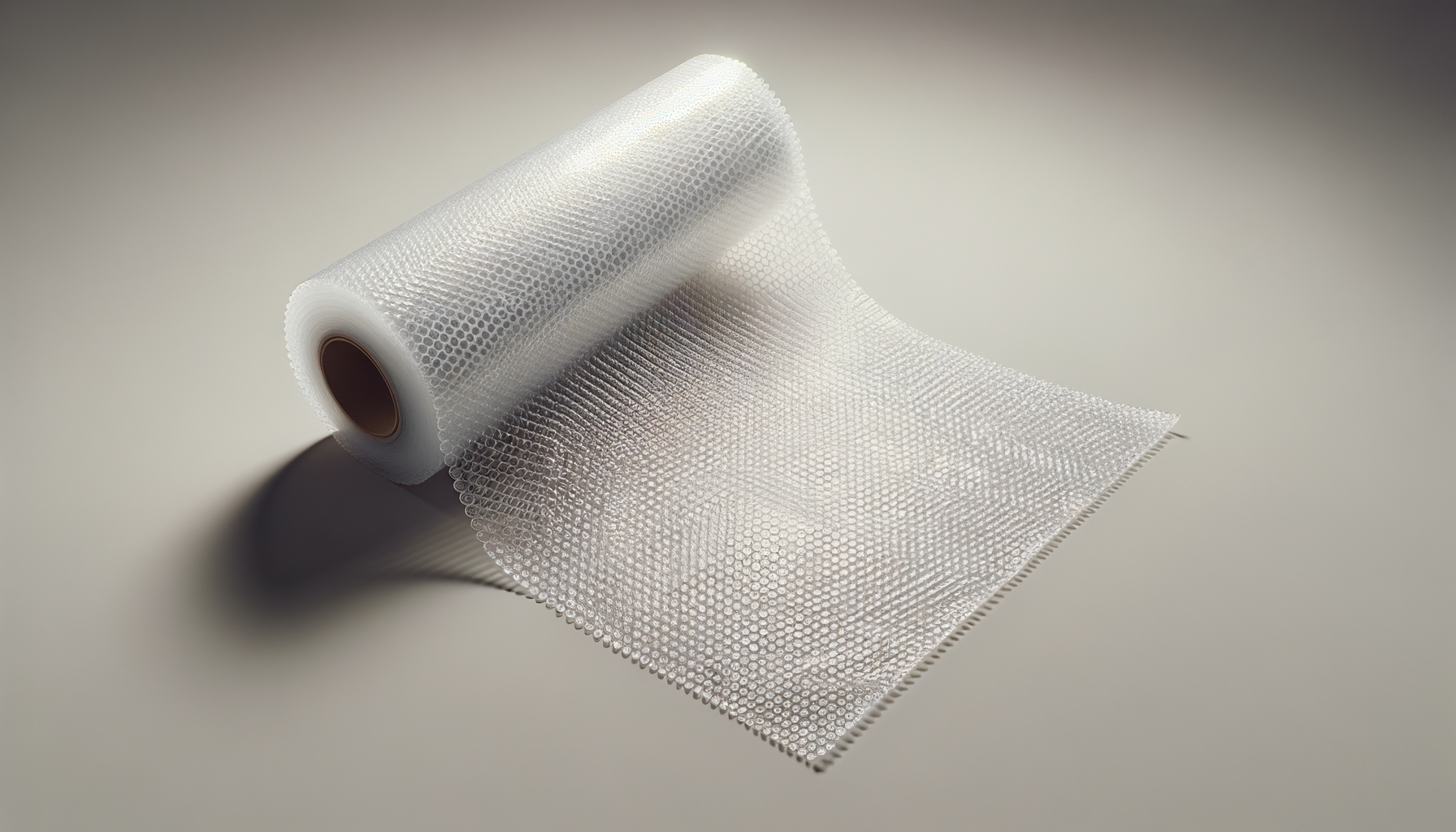 Rollo de malla de burbujas transparente parcialmente desenrollada sobre fondo gris.