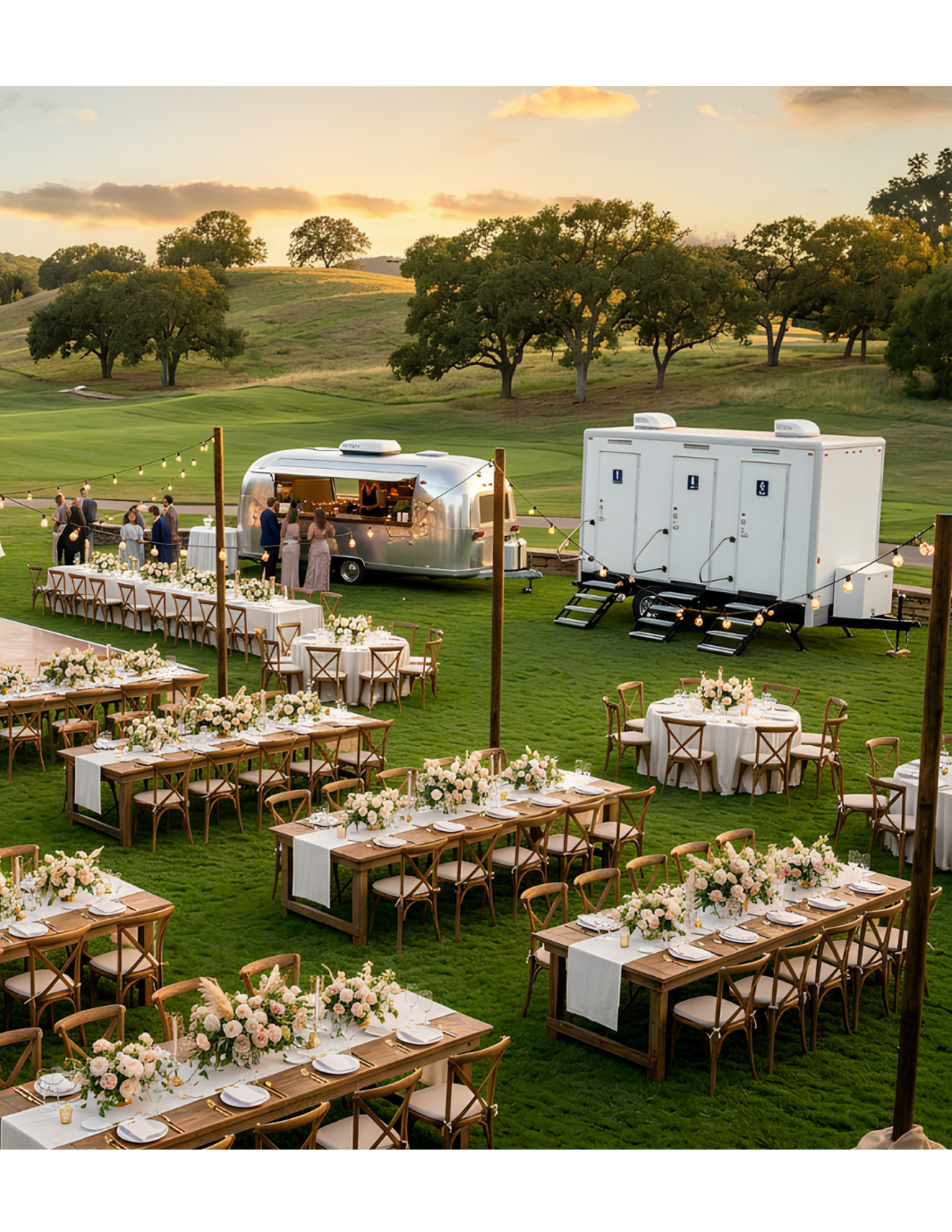 Outdoor wedding reception setup with decorated tables and chairs, food trucks, and portable restrooms on a lush green field with trees and a sunset sky in the background.