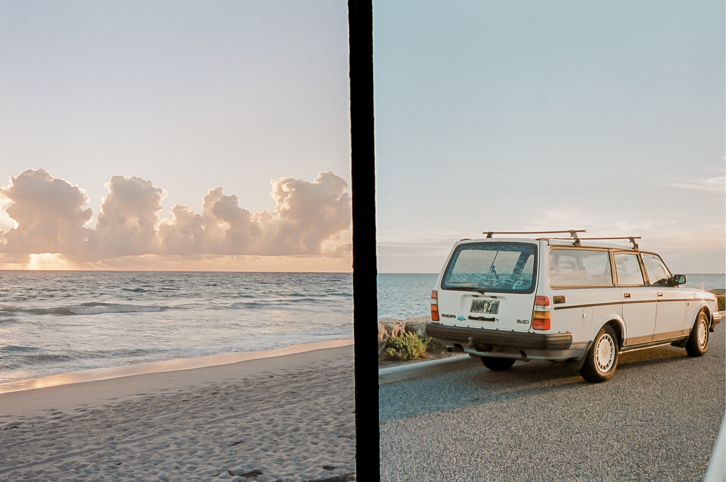 A retro vintage analogue 35mm film picture image of Side-by-side photos of a beach scene. On the left, a sunset over the ocean with clouds in the sky. On the right, a white vintage station wagon parked by the beach, with a clear sky and some clouds.