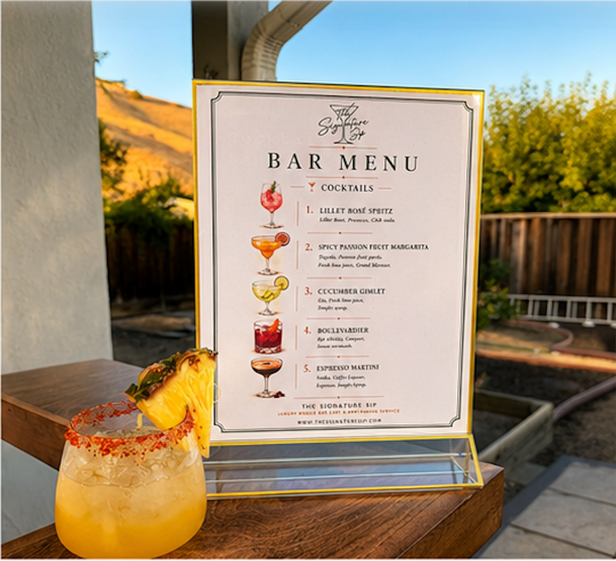 Bar menu on a stand with six cocktail options and a tropical drink garnished with pineapple and chili powder