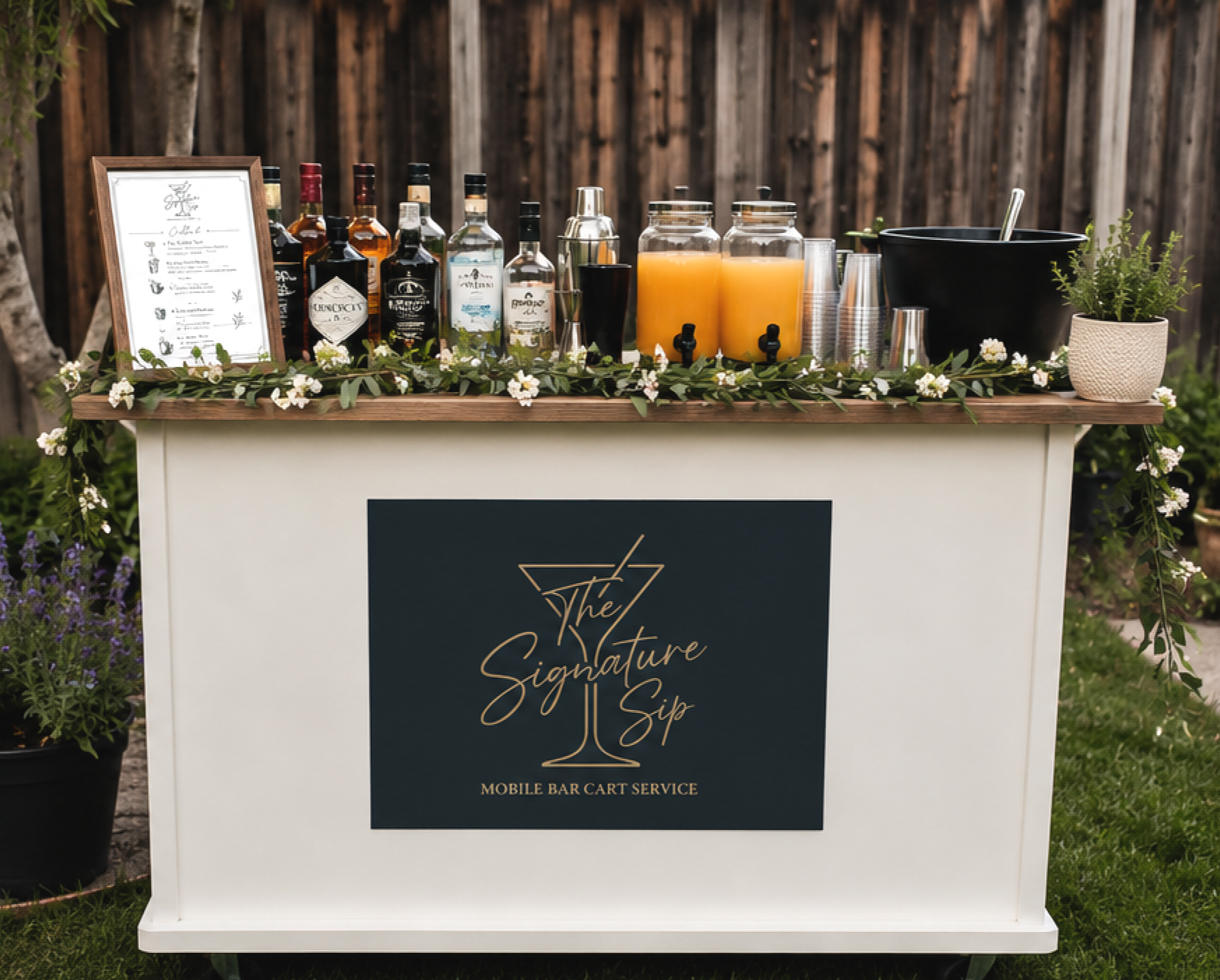 A white mobile bar cart service with bottles of alcohol, juice, cups, and plant decorations set up outdoors against a wooden fence.