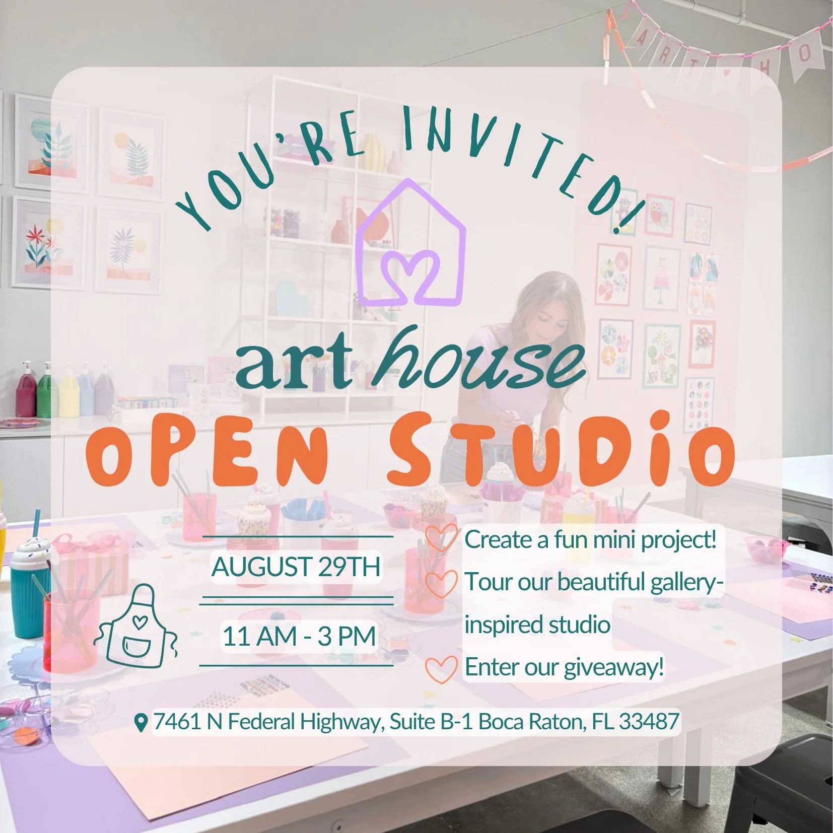 You&rsquo;re invited! 💌
Join us for our Open Studio on August 29th and explore our beautiful, gallery-inspired creative space. Stop by anytime during the event to tour the studio, enjoy a fun hands-on art activity, and discover everything happening 