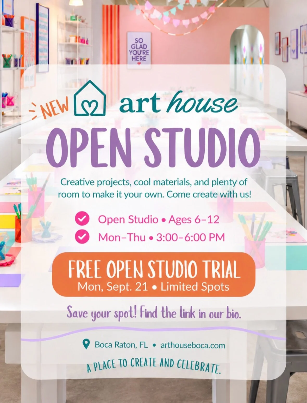 You asked us, we listened! 💜🎨
We&rsquo;ve been listening to what works for busy family schedules and reimagined our kids art program to make it more flexible, more playful, and even more fun.
Introducing our NEW Open Studio in Boca Raton for ages 6