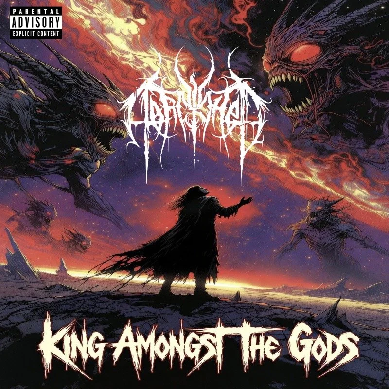 A dark fantasy scene with a silhouette of a cloaked figure standing on rocky terrain, facing two large, menacing dragons with glowing eyes and sharp teeth, amidst a fiery, stormy sky with swirling dark clouds and bright orange and red flames.
