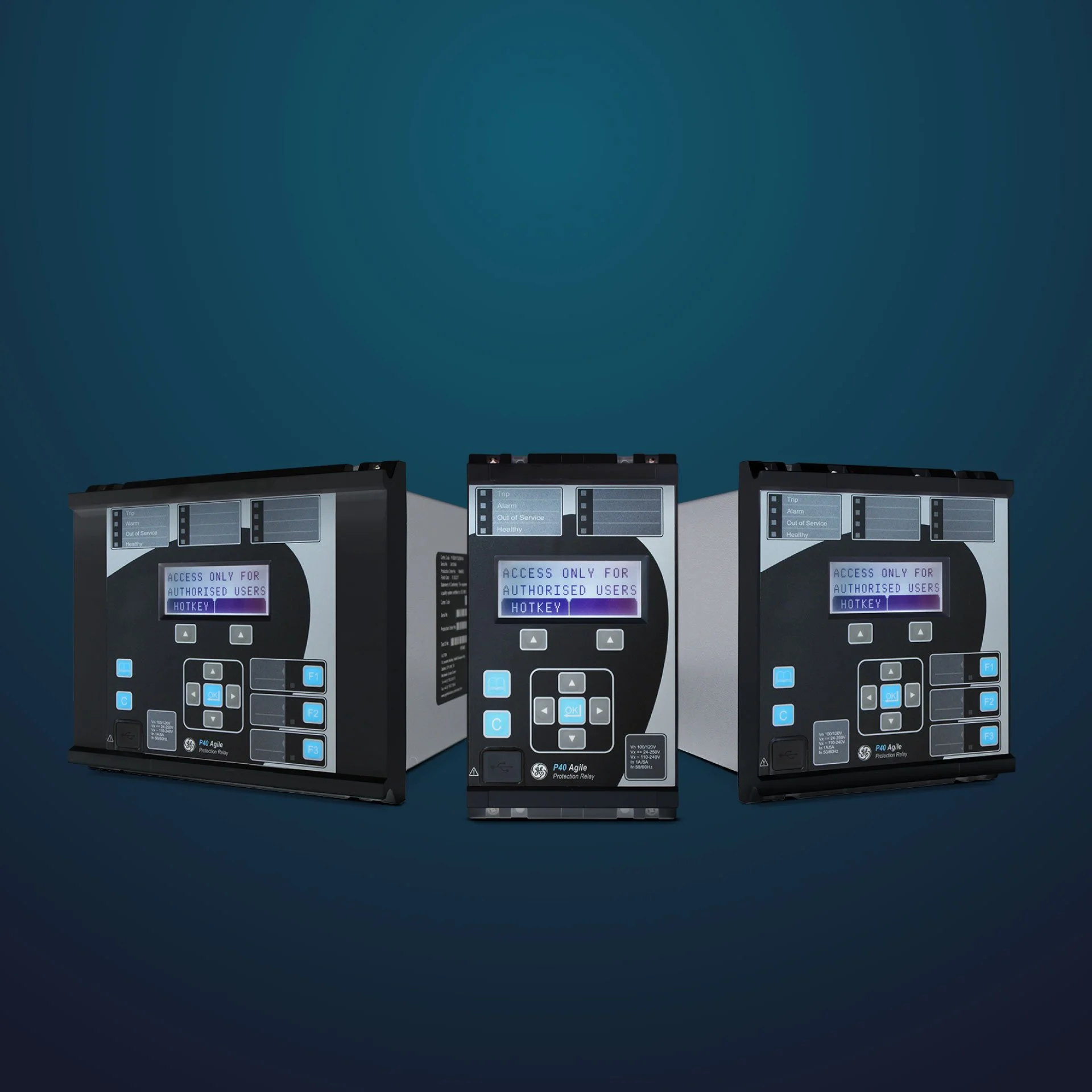 Three GE P40 Agile Protection Relay devices with digital screens displaying 'Access Only for Authorized Users Hotkey' against a dark background.