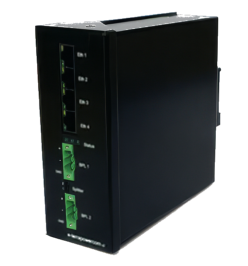 Black industrial device with multiple green LED indicators and ports on the front panel.