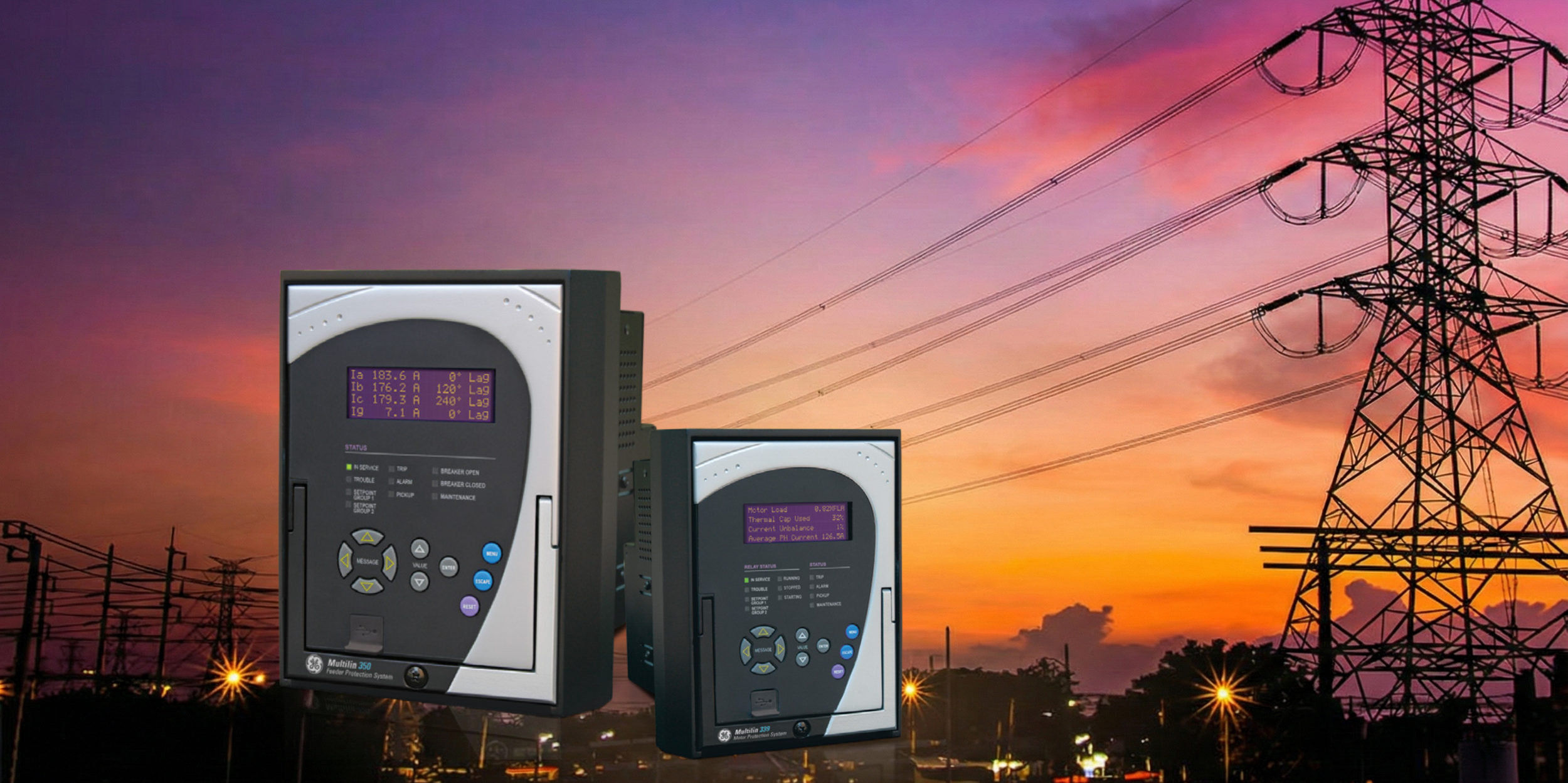Electrical power lines against a sunset sky with electrical control devices in the foreground.