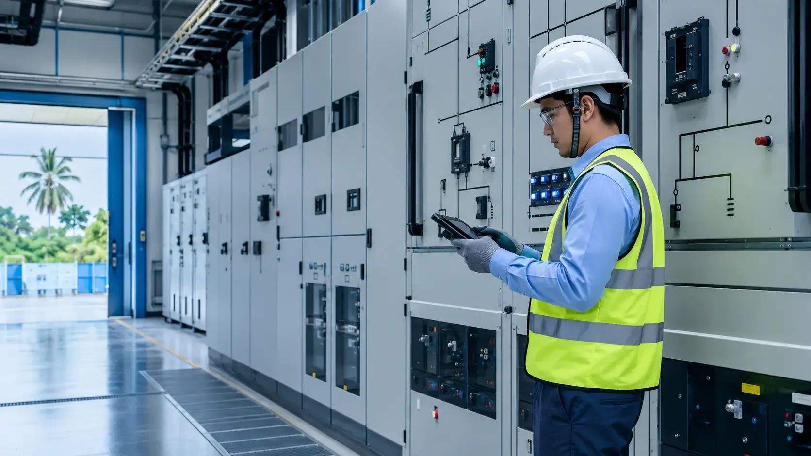 Engineer inspecting critical industrial electrical equipment.