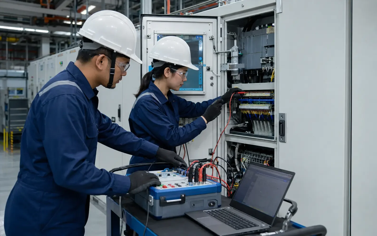 Malaysian KSM Energy engineers testing critical industrial power equipment.