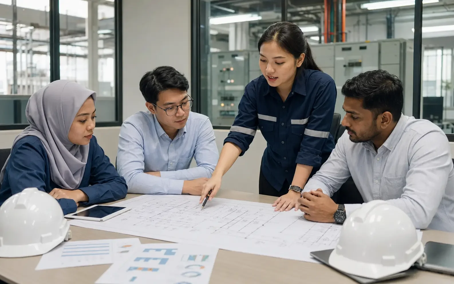 Malaysian engineers and customer representatives reviewing a technical design.