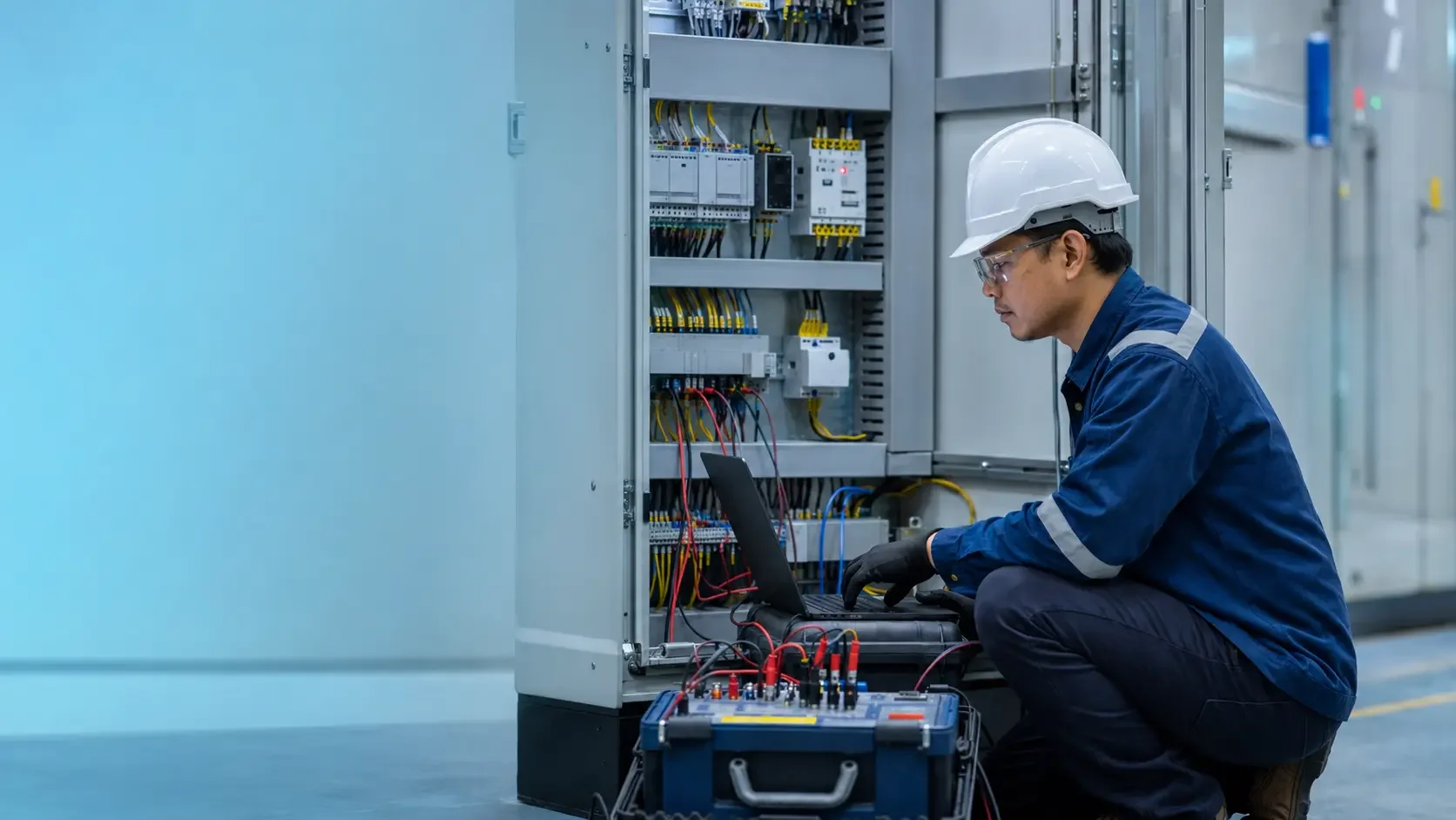 Engineer carrying out protection relay configuration and secondary injection testing.
