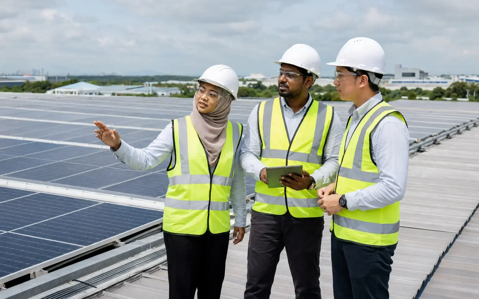 Malaysian engineering team inspecting a commercial solar PV installation.