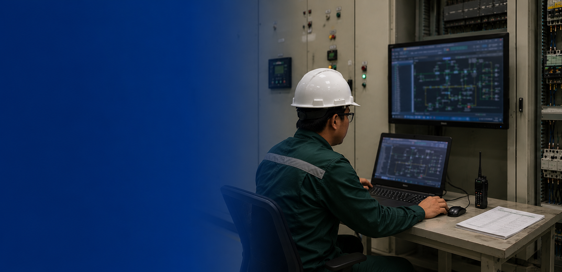 Technician wearing a hard hat sitting at a desk with two monitors, working on an industrial control system or electrical panel