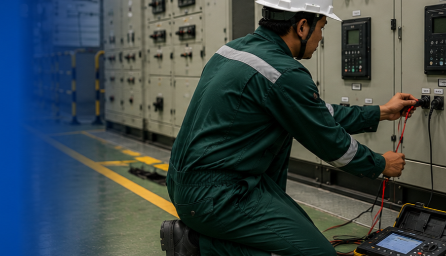 A worker in a green uniform and white helmet is inspecting electrical panels in an industrial setting using testing equipment.